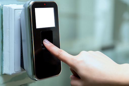 Security Hand Scanner Machine Close Up Of The Hand Are Scanning On Fingerprint Machine For Enter ...