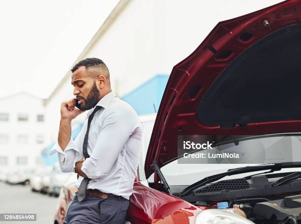 Ive Been Holding On The Line For An Hour Already Stock Photo - Download Image Now - Car Accident, Car, Vehicle Breakdown