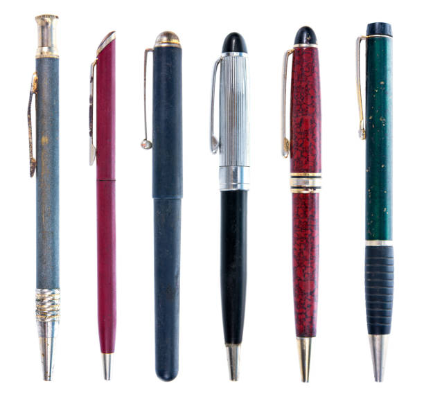 Old pen set isolated on white background. Old vintage ballpoint pen group isolated