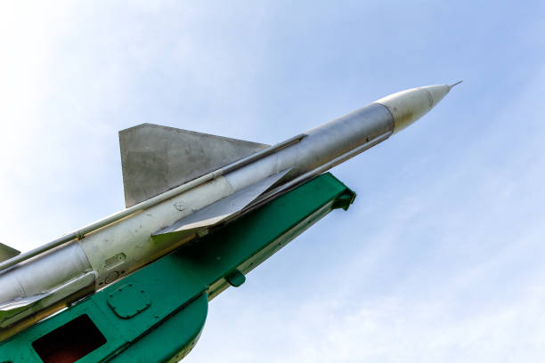 istock Defense forces weapon. Antiaircraft missles rocket with warhead aimed to the sky 1284855766