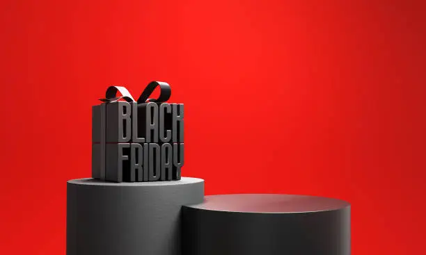 Black Friday gift box with empty black cylinder podium for product.
