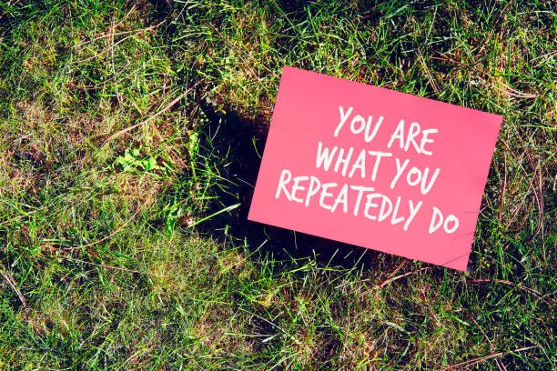 Photo of You are what you repeatedly do quote written on paper on grass background.