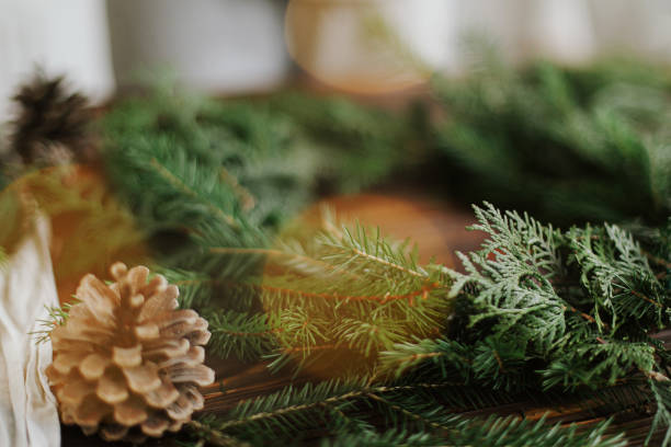 istock Christmas tree green branches, pine cones and festive lights on rustic background. Merry Christmas 1284856924