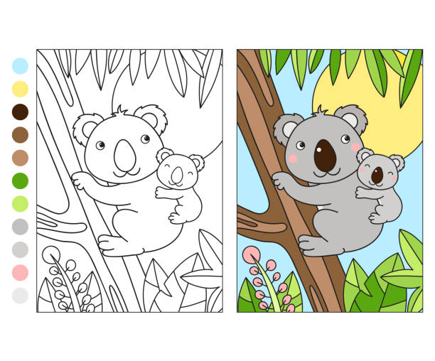 ilustrações de stock, clip art, desenhos animados e ícones de colorful and black and white pattern for coloring with koala - beautiful friendship wildlife nature