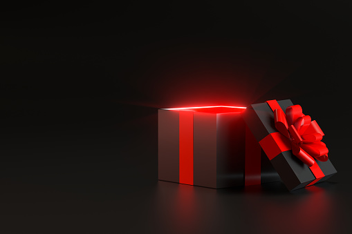 3d rendering of Open Gift Box with Lightning. Minimal 3d design. Black background.
