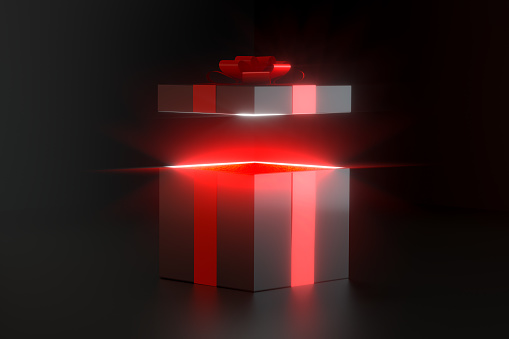 3d rendering of Open Gift Box with Lightning. Minimal 3d design. Black background.
