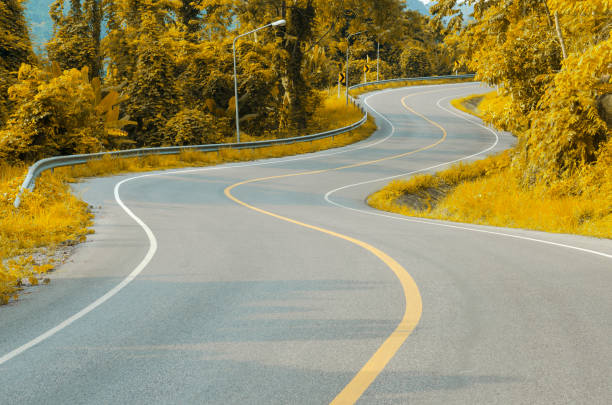 una carretera s-curved vacía en el horizonte natural. - thailand forest outdoors winding road fotografías e imágenes de stock