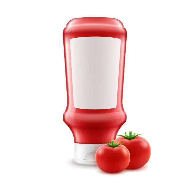 Vector illustration of Vector Blank Plastic Red Tomato Ketchup Bottle for Branding with White label and Fresh Tomatoes Isolated on White Background