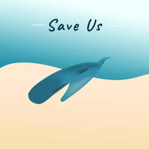 Vector illustration of A blue dead stranded whale on sand beach vector for climate change and global warming campaign