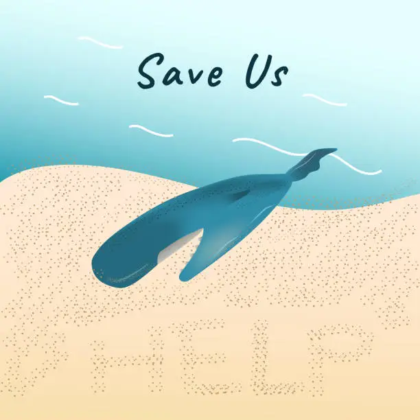 Vector illustration of A dead stranded whale on sand beach vector for climate change and global warming campaign