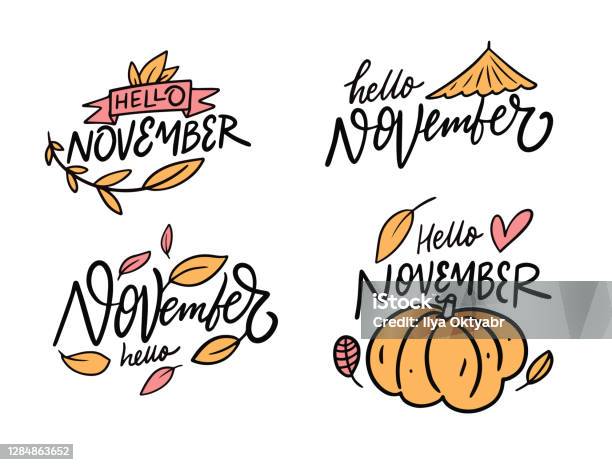 November Label Cartoon Hello November Phrase Set Modern Calligraphy Cartoon Style Vector ...