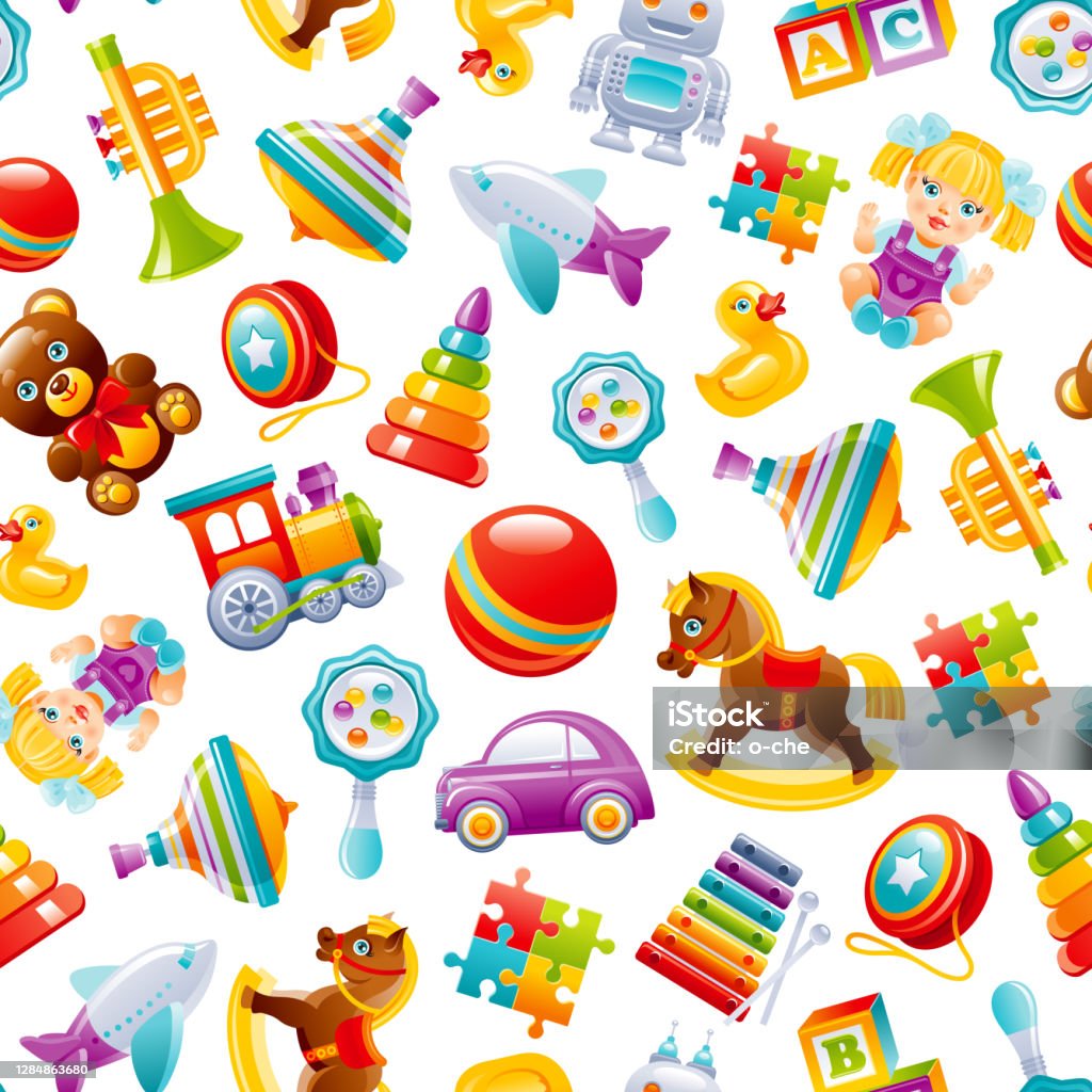 Toy Pattern Background Baby Seamless Vector Kid Cartoon Wallpaper For Girl  Boy Cute Game Set With Car Train Yo Xylophone Ball Robot Pyramid Puzzle  Blocks Duck Childrens Top Play Box Stock Illustration -