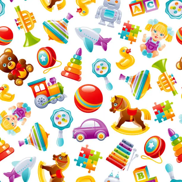 Vector illustration of Toy pattern background. Baby seamless vector. Kid cartoon wallpaper for girl, boy. Cute game set with car, train, yo, xylophone, ball, robot, pyramid, puzzle, blocks, duck. Children's top play box
