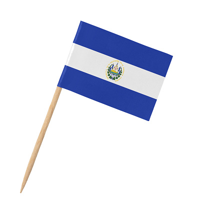 Small paper flag of El Salvador on wooden stick, isolated on white