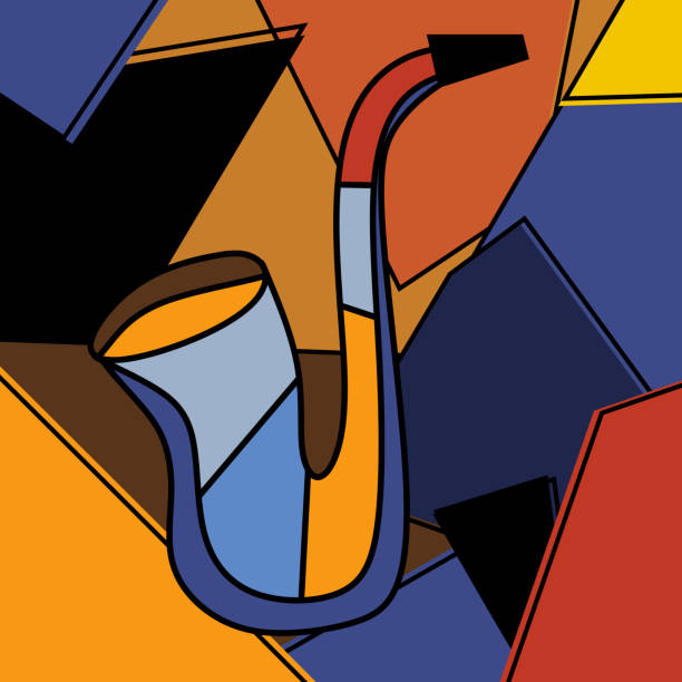 爵士樂器薩克斯管五顏六色的抽象幾何背景圖案。薩克斯管為古典樂器極簡主義立體主義藝術風格。向量音樂當代插圖 - 立體派 插圖 幅插畫檔、美工圖案、卡通及圖標