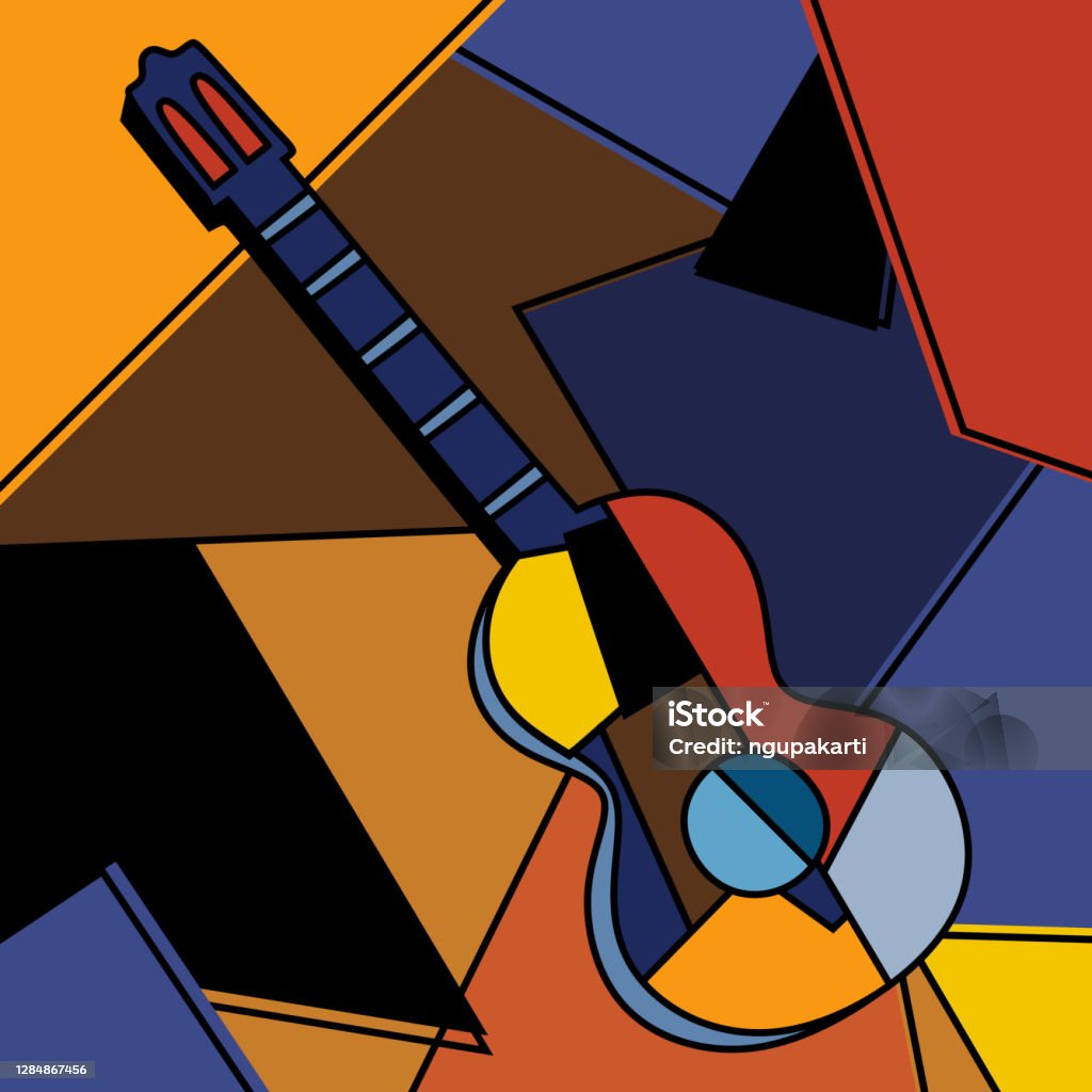 An acoustic guitar cubist surrealism painting modern abstract design. A musical instrument. Abstract colorful music. Cubism minimalist style. Guitar and music theme. Vector illustration Vector stock vector