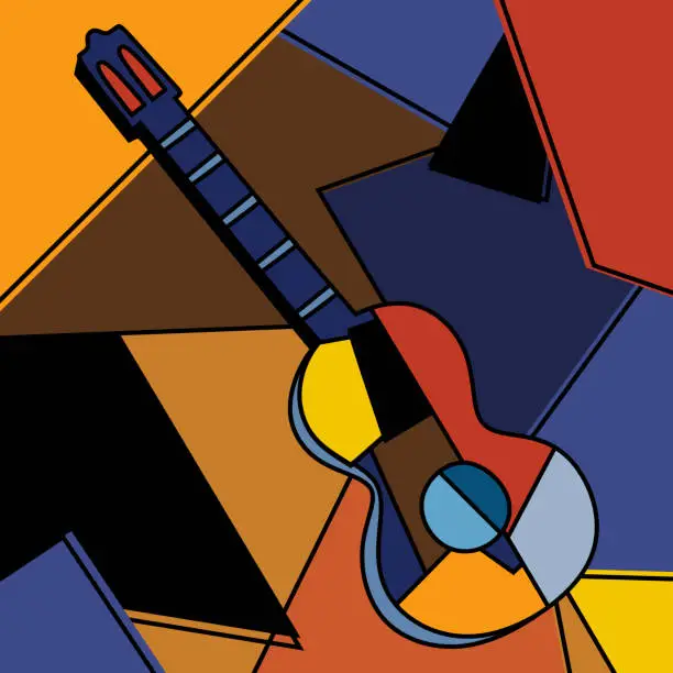 Vector illustration of An acoustic guitar cubist surrealism painting modern abstract design. A musical instrument. Abstract colorful music. Cubism minimalist style. Guitar and music theme. Vector illustration