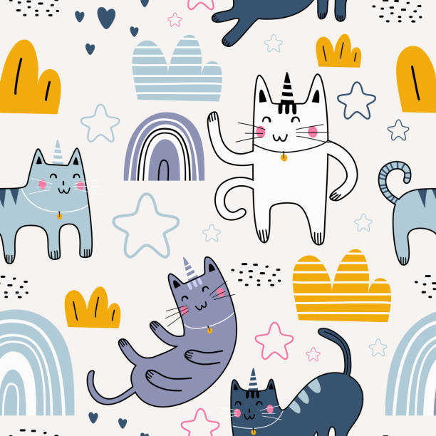 nette katze nahtlose muster mit niedlichen charakter. lustige tier katze mit stern, regenbogen, wolken, liebe und pflanze. vektorbild isoliert auf weißem hintergrund. drucktextilien für kinder - katzenjunges stock-grafiken, -clipart, -cartoons und -symbole