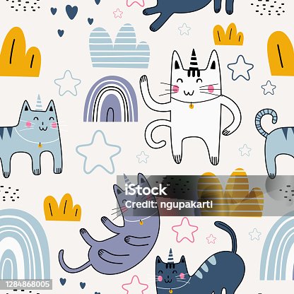 istock Cute cat seamless pattern with cute character. Funny animal cat with star, rainbow, clouds, love and plant. Vector image isolated on a white background. Print textile for children 1284868005