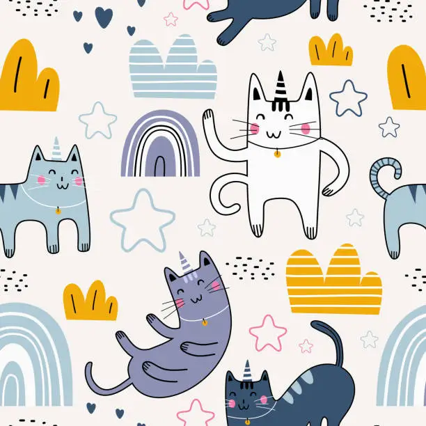 Vector illustration of Cute cat seamless pattern with cute character. Funny animal cat with star, rainbow, clouds, love and plant. Vector image isolated on a white background. Print textile for children