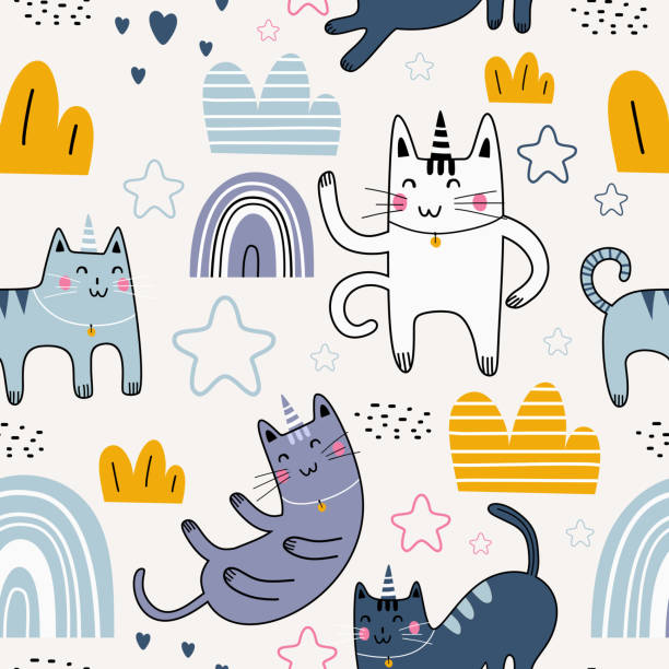 可愛的貓無縫圖案與可愛的人物。有趣的動物貓與明星,彩虹,雲,愛和植物。在白色背景上隔離的向量圖像。兒童印花紡織品 - 好玩 插圖 幅插畫檔、美工圖案、卡通及圖標