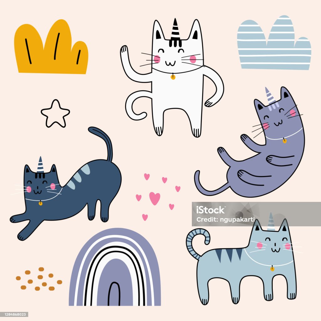 Cute Cat Childish Cartoon Meditating Cats In Yoga Pose Flat Color Simple  Style Design Vector Set Elements Scandinavian Drawing For Baby Kids And  Children Fashion Textile Print Stock Illustration - Download Image