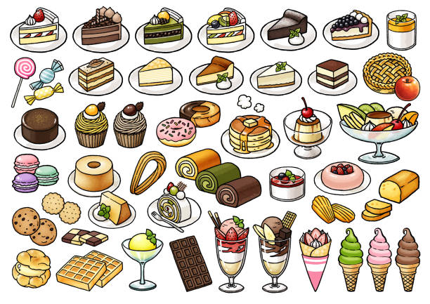 ilustrações de stock, clip art, desenhos animados e ícones de [food illustration material] hand-painted vector illustration set of cute sweets - creme cozinhado
