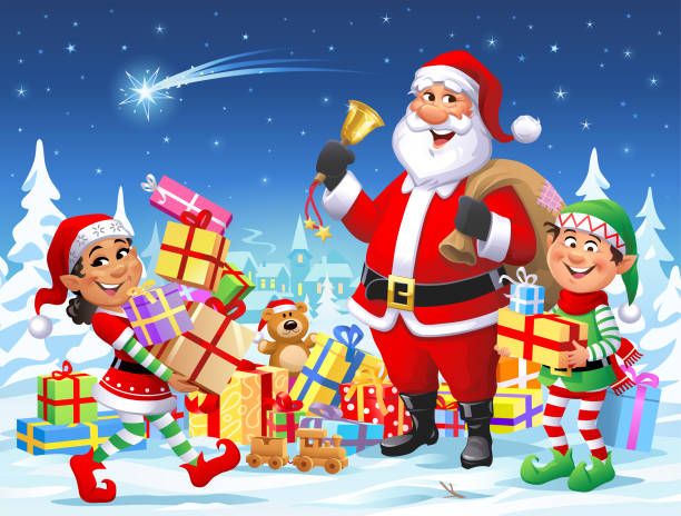 stockillustraties, clipart, cartoons en iconen met de kerstman en de elfen die een vrolijk kerstmis wensen - pakjesavond