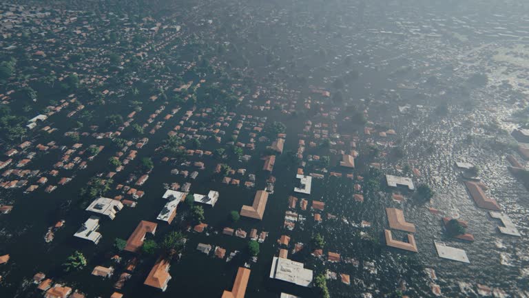 Flight over New Orleans City Flooded, people sitting on roof tops and rescue helicopter passing, 4K