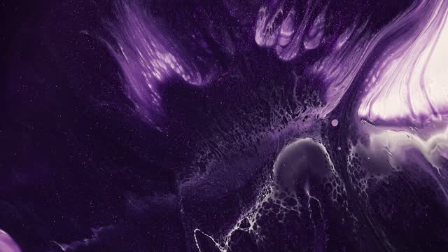 Fluid art drawing video, abstract acryl texture with colorful waves. Liquid paint mixing backdrop with splash and swirl. Detailed background motion with purple, lavender and white overflowing colors.