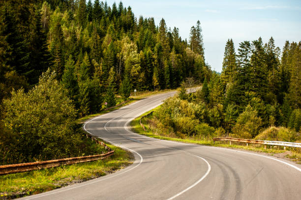 istock Beautiful winding road in the mountains through a coniferous forest 1284871862