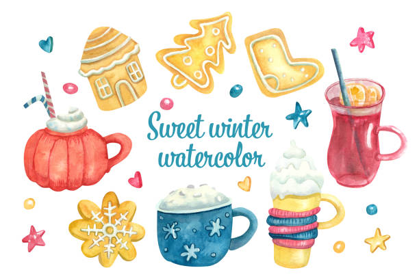 Watercolor sweet set with Christmas drinks and gingerbread Watercolor sweet set with Christmas drinks and gingerbread. Xmas cookies or biscuits with glaze isolated on white. Cappuccino, mulled wine, latte in cute mugs. Great for greeting cards, poster design. knitted pumpkin stock illustrations