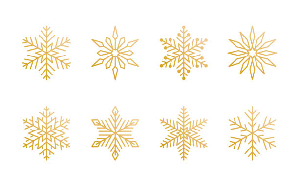 świąteczna kolekcja płatków śniegu izolowana na białym tle. urocze ikony śniegu z gradientu złota z misterną sylwetką. ładny element dekoracyjny doodle linii na nowy rok banner, karty lub ornament - intricacy snowflake pattern winter stock illustrations