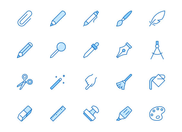 narzędzia do rysowania ikony linii zestaw. pióro, ołówek, pędzel, zakraplacz, pieczęć, rozmazywanie, wiadro z farbą minimalne ilustracje wektorowe. proste znaki konspektu dla interfejsu internetowego. niebieski kolor, edytowalny obrys - pencil pen felt tip pen writing stock illustrations