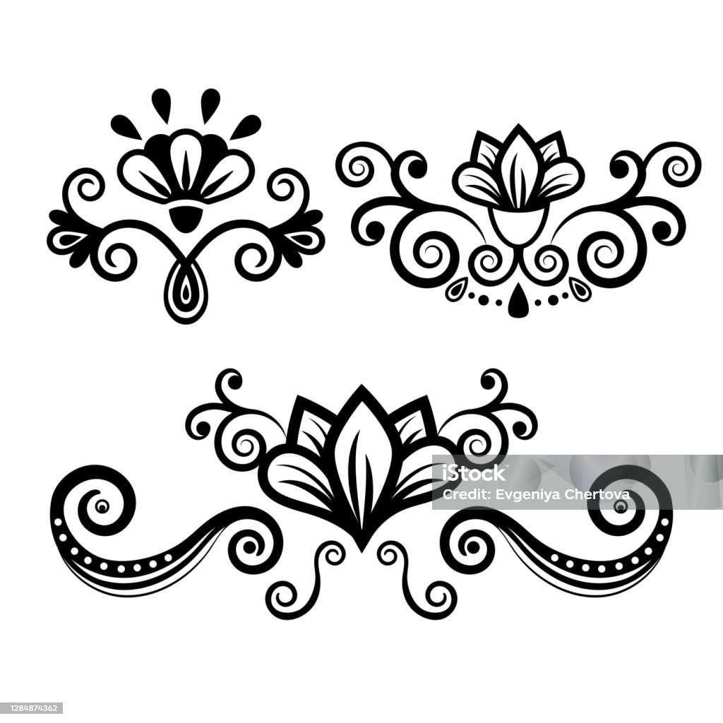 Set Abstract Floral Ornament Delimiter Frame Border Pattern Black And White  Drawing With Curls Swirl Flower Leaf Decorative Element Tattoo Isolated On  White Background Vector Illustration Stock Illustration - Download Image  Now -