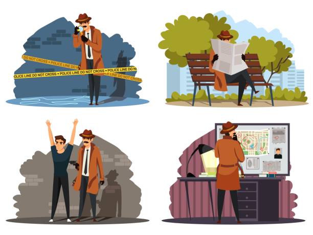 Spy doing crime investigation set. Sleuth searching man and evidence. Police detective work vector illustration. Inspector looking at muder scene, following with newspaper, catching, planning Spy doing crime investigation set. Sleuth searching man and evidence. Police detective work vector illustration. Inspector looking at muder scene, following with newspaper, catching, planning. detective map stock illustrations