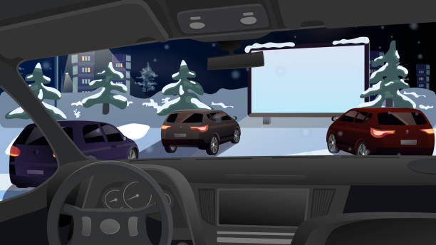 bildbanksillustrationer, clip art samt tecknat material och ikoner med vinterbiograf för bilar i det fria. titta på jul och nyår film premiärer på en stor skärm från bilen. parkering med snö och träd och en lykta. natt vinterstad. vektor - vinter väg bil