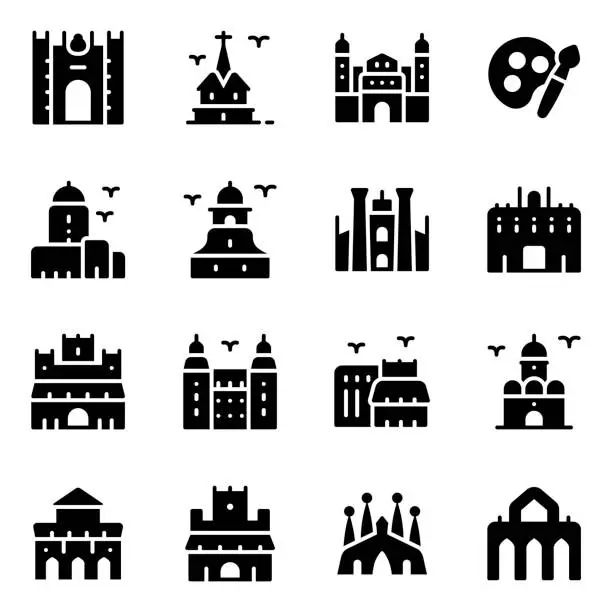 Vector illustration of Spanish Landmarks Solid Icons Pack