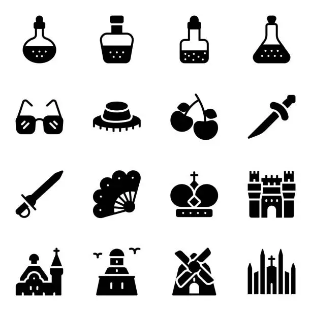Vector illustration of Spanish Wine and Spanish Culture Solid Icons