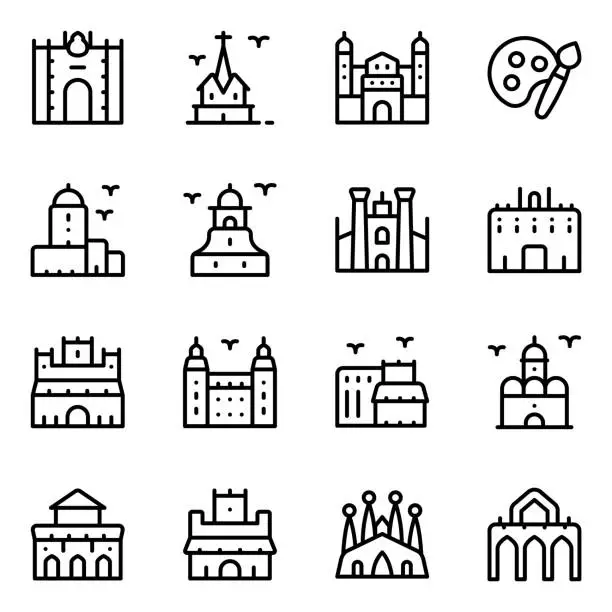 Vector illustration of Spanish Landmarks Solid Icons Pack