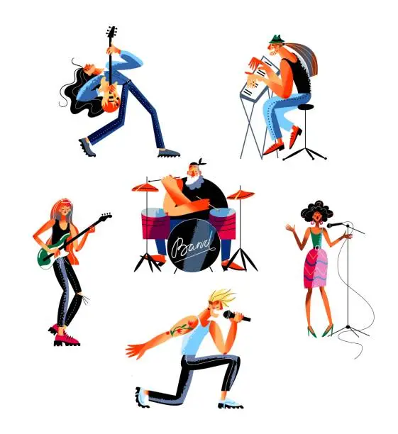 Vector illustration of Rock band playing music. Musicians, guitarists, drummer, singer with microphone isolated on white background. Popular entertainment scene vector illustration