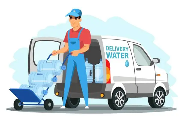 Vector illustration of Water delivery service flat vector illustration. Smiling man with bottles in uniform cartoon character. Delivery truck. Plastic bottles, blue containers. Supply, shipping. Business service.