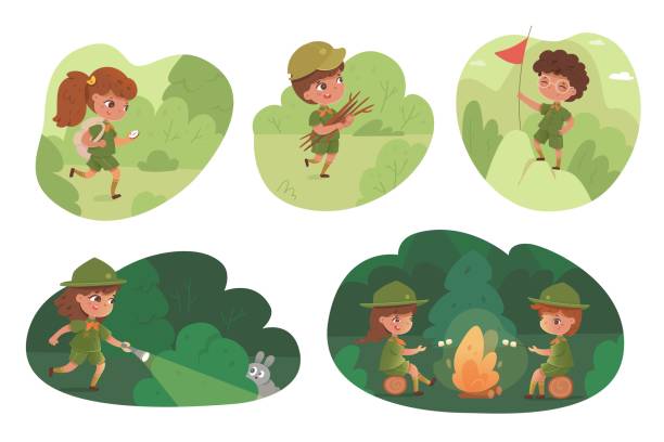 ilustrações de stock, clip art, desenhos animados e ícones de kids on camping trip in forest set. boy and girl scouts travel with compass, grill marshmallows on campfire, bring firewood, search animals. outdoor adventure scene vector illustration - camping campfire boy scout girl scout