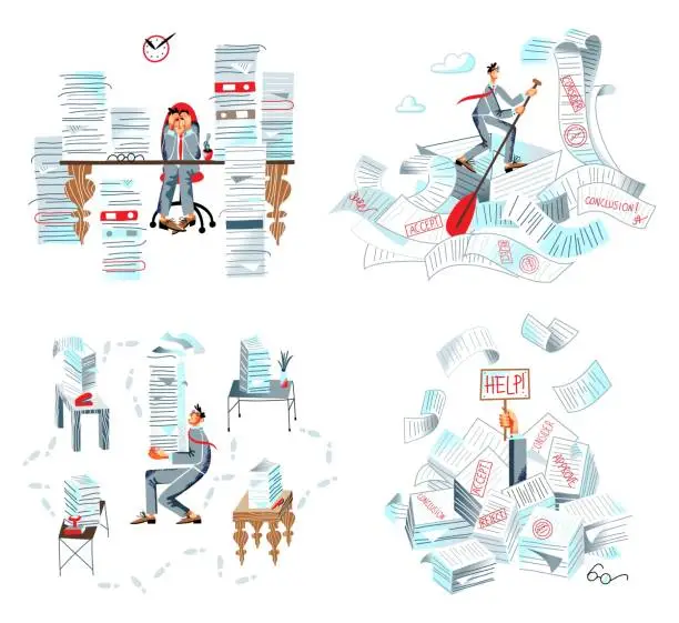 Vector illustration of Office bureaucracy and paperwork in business set. Paper, document and binder overload vector illustration. Frustrated tired busy man sitting in piles and stacks of messy clutter