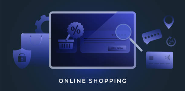 istock Online shopping concept with tablet pc in muted deep blue tones. Ecommerce webshop, internet store with checkout goods on sale, bank card payment, delivery service, feedback and shopping bag icons. 1284879663