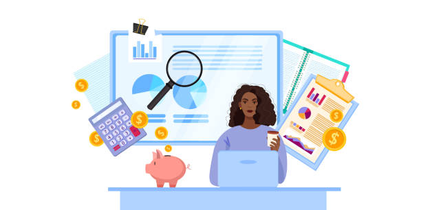 Financial audit and tax report vector business illustration with black woman consulting online. Monthly budget planning and risk analysis concept with laptop, piggy bank, graphs.Financial audit banner piggy bank calculator stock illustrations