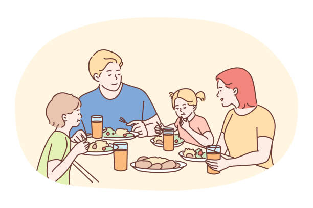 glückliche familie beim gemeinsamen abendessen oder frühstück zu hause - familie essen stock-grafiken, -clipart, -cartoons und -symbole