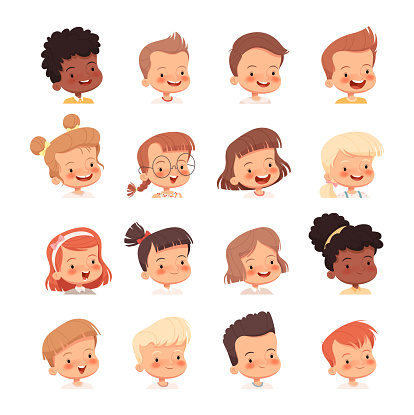 Children's portraits for avatars. Heads of boys and girls. Isolated on a white background. Vector illustration