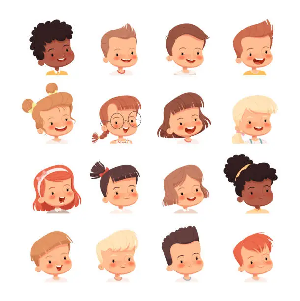 Vector illustration of Children's portraits for avatars. Heads of boys and girls