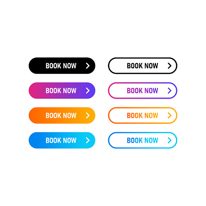 Book now button, icon, badge. Book now new order button. Flat button with colorful gradient. Concept of reserve room or bed in hostel or motel for journey.